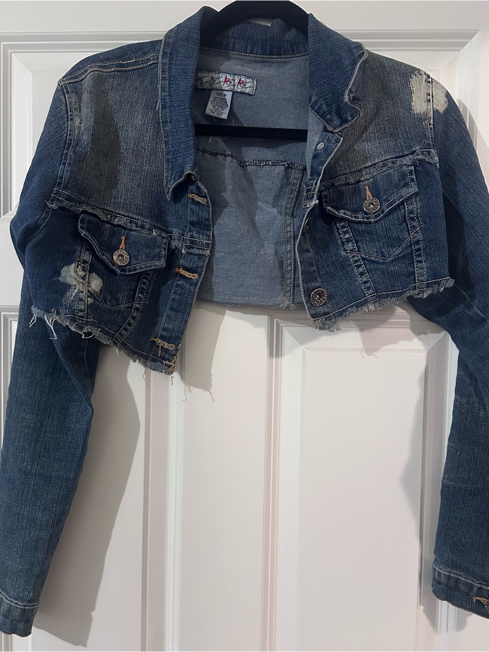 Distressed Cropped Denim Jacket - Blue
